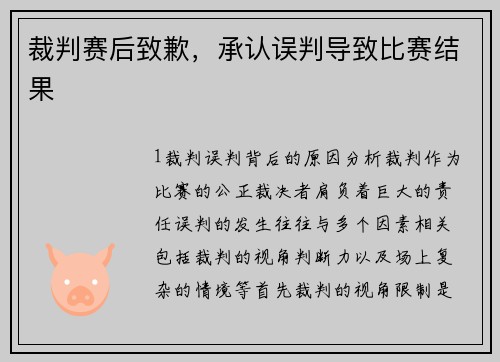 裁判赛后致歉，承认误判导致比赛结果